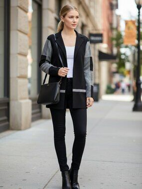 Sioni Black & Gray Patterned Open Cardigan Jacket Medium